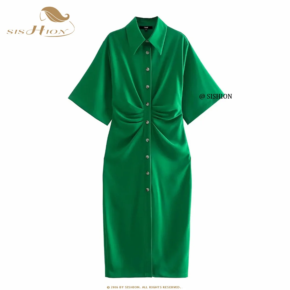 

Женское платье-рубашка средней длины на пуговицах, с коротким рукавом и боковой молнией