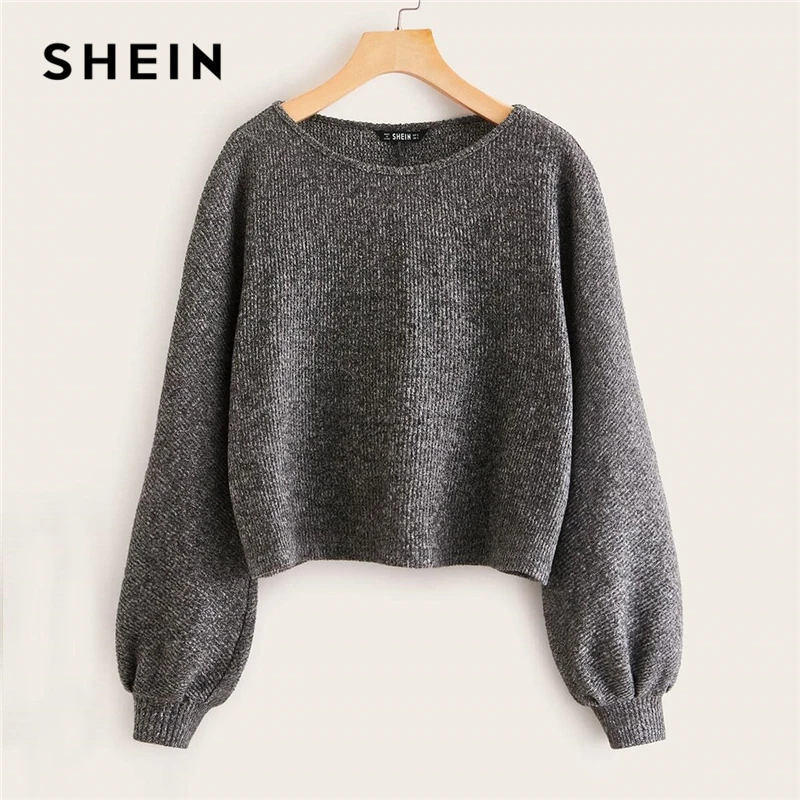 SHEIN серый топ с вырезом лодочкой в рубчик, повседневный Топ, Женский Осенний топ с высокой улицей, с рукавом Бишоп, офисные женские базовые футболки