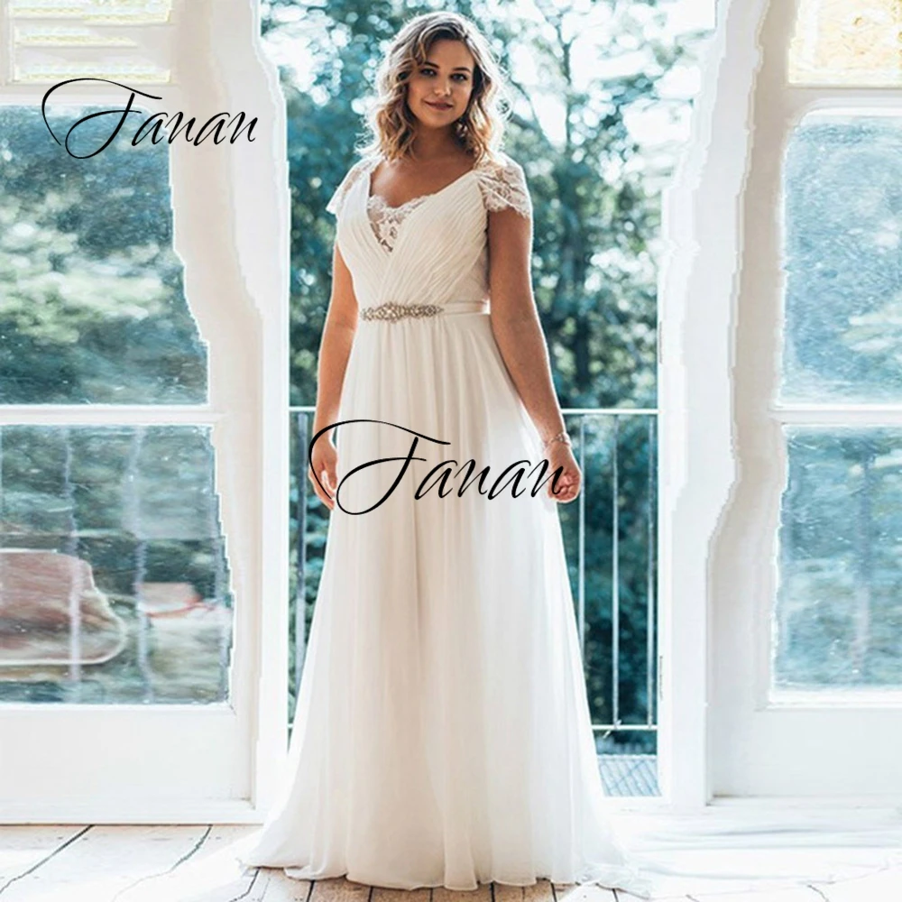

2021 New V-Neck Short Sleeve Wedding Dress Lace Appliques Chiffon A-Line Summer Bridal Gown robe de soirée de mariage Plus Size