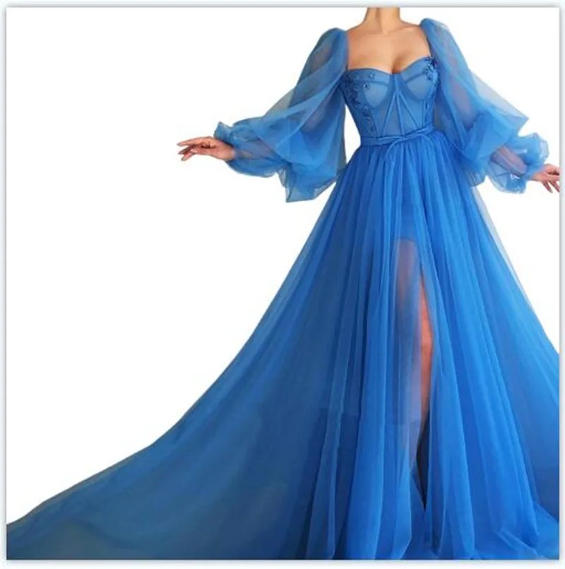 

Halter Neck A Line Gown Long Evening Booma Simple Blue Prom Dresses Puff Sleeves Exposed Boning Illusion Dress High Slit Tulle F