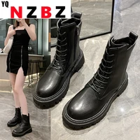 2021 black platform combat ankle boots for women lace up buckle strap woman shoes winter biker boots