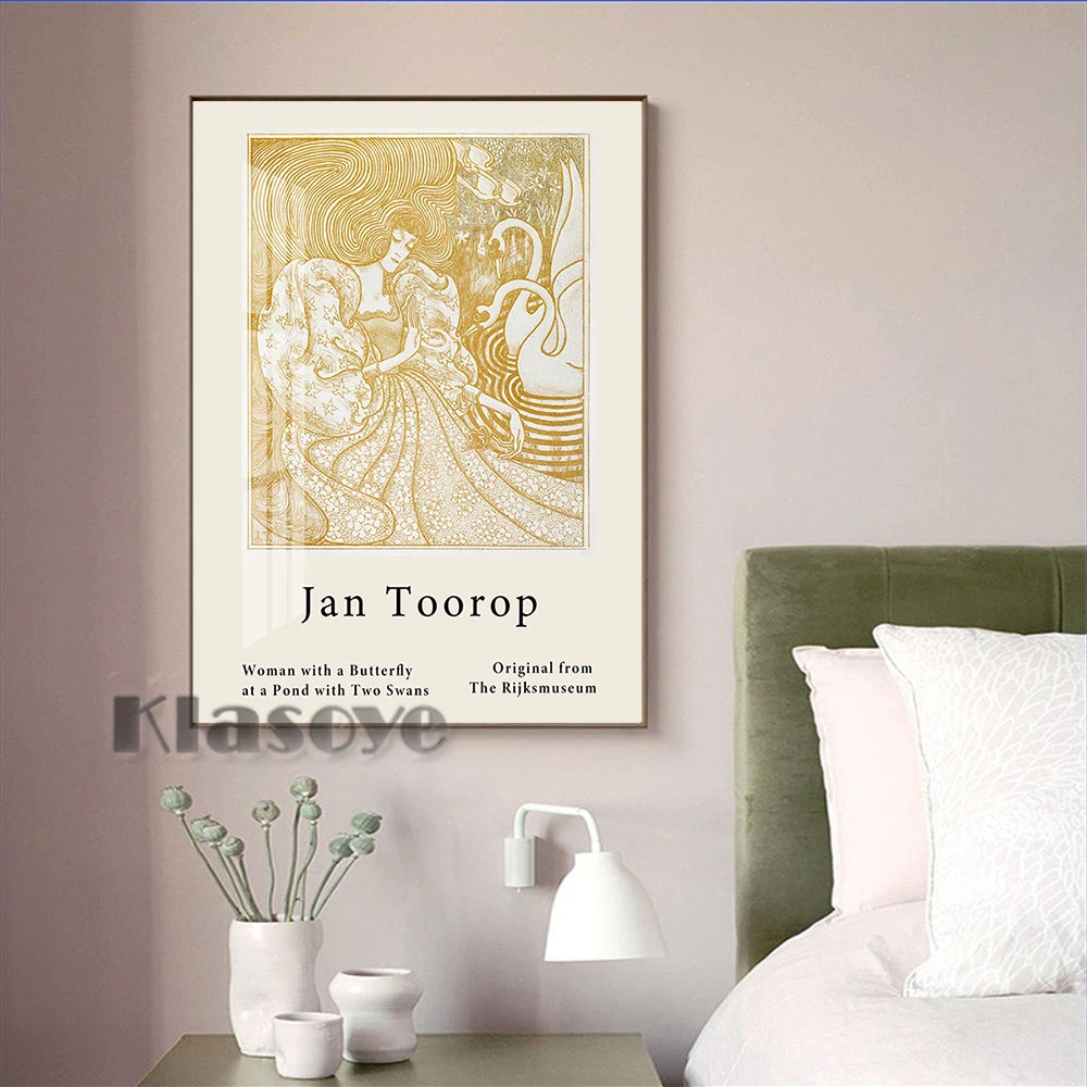 

Jan Toorop Exhibition Museum Poster Woman With A Butterfly At A Pond With Two Swans Canvas Painting Gold Line Drawing Wall Decor