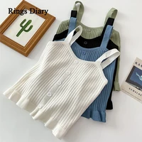 rings diary woman clothes summer shirt round neck knitted tank crop top buttons solid color camisole slim basic