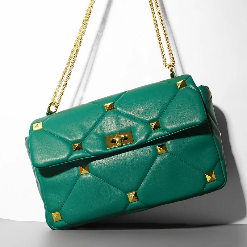 

Luxury Designer Bags Genuine Leather Women Handbag with Rivet ZA Bag Clafskin Chains Shoulder Pouch Crossbody Clutch Tote 2021