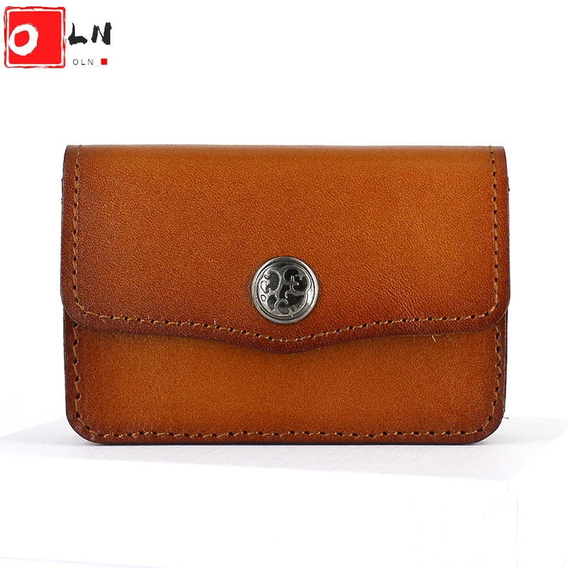 

OLN Luxury Vegetable Tanned Leather Card Holder Women Vintage Business ID Bank Credit Cardholders For Women Unisex Coin Wallet
