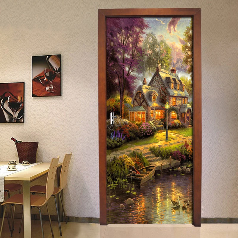 DIY стикер для дверей картина маслом дом фото обои ПВХ Самоклеящиеся наклейки на