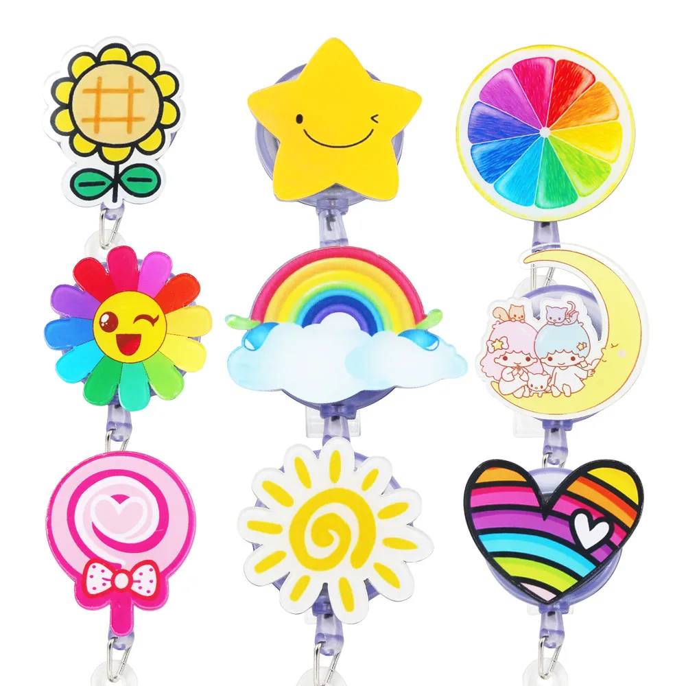 9pcs Lot Star Sunflower Sweet Rainbow Badge Reel Holder Clip Retractable ID Badge Holder with Clip