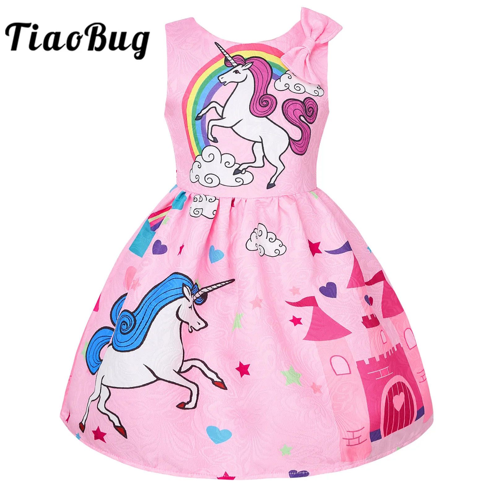 

Летнее платье для девочек, милое повседневное плиссированное платье-трапеция без рукавов с мультяшным принтом для девочек, повседневная од...