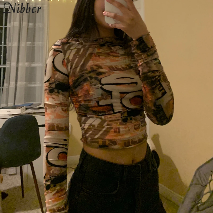 

Nibber Punk Y2K Hollow Out Crop Tops Gothic Street Tee shirt For Women's Casual Basic Tees Female 2021 Summer Long Sleeve Top