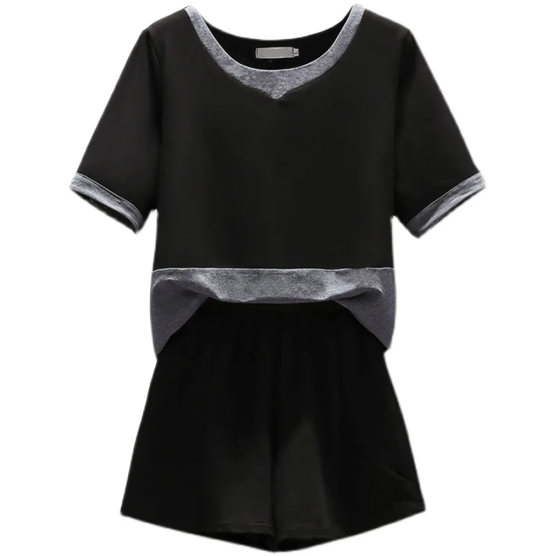 

2021 New Summer Two-Piece Sets For Women Patchwork Casual O-Neck T-Shirt + Elastic Waist Shorts Ladies Suits Female Outfit