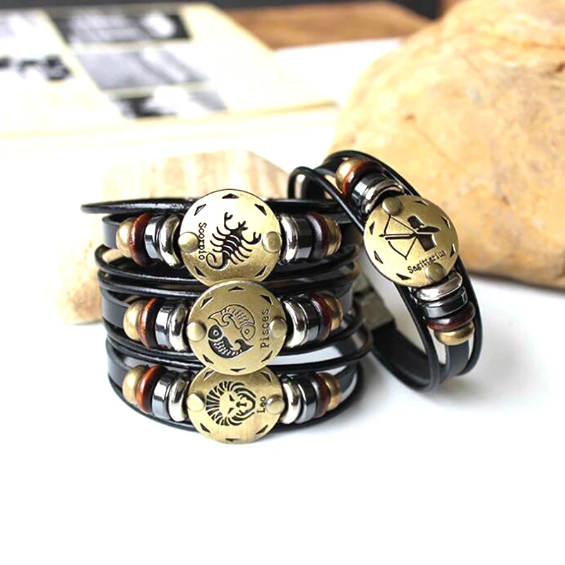 Мужской браслет в стиле панк из натуральной кожи с 12 созвездиями|Браслеты
