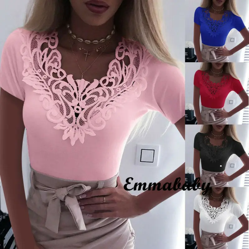 Женская Кружевная футболка с коротким рукавом V-образным вырезом | одежда
