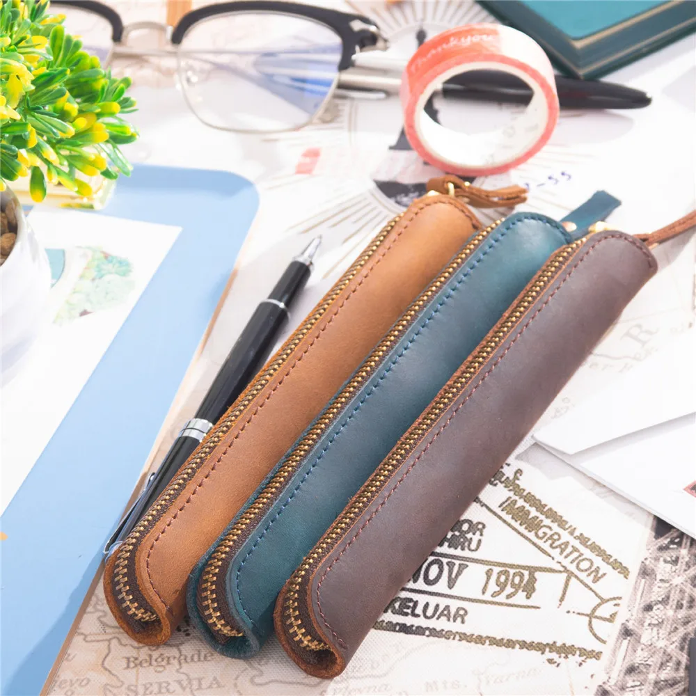 

Vintage Genuine Leather Fountain Pen Case Portable Pencils Bag Anti-lost Pouch Pencil Cute School Supplies Accessories