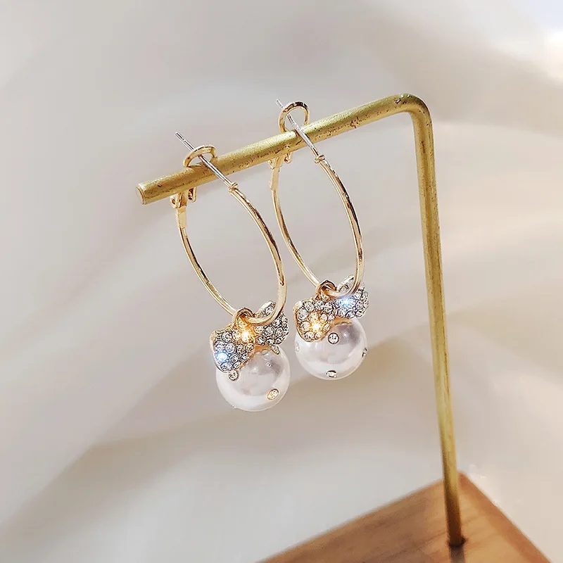 

2020 New Fashion Women's Pearl Bowknot Ring Long Tassel Dangle Earring Temperament Jewelry Pendant Gift