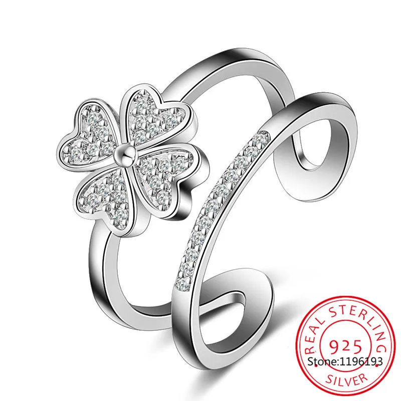 

925 Sterling Silver Double Layer Heart Cute Lucky Four Leaf Clover Opening Rings For Women Jewelry Dropshipping S-R193