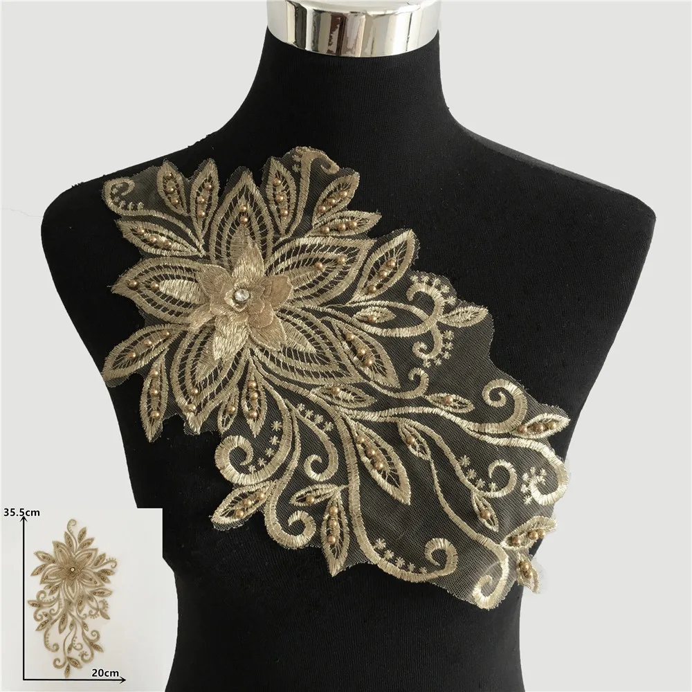 Вышивка золотого цвета 3D цветочное шитье кружевной воротник DIY ABS поделки из
