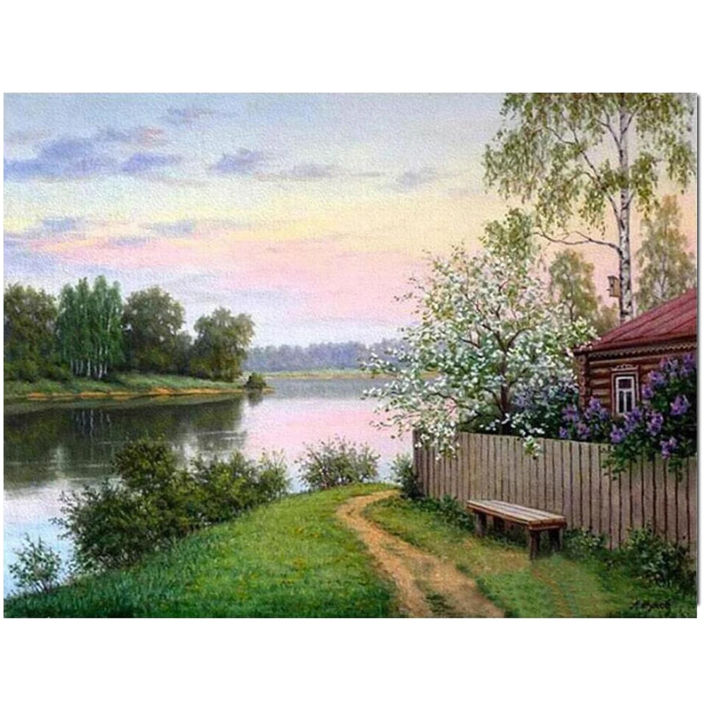 Деревня озеро природные пейзажи алмазная Вышивка Полный Стразы Мозаика diy