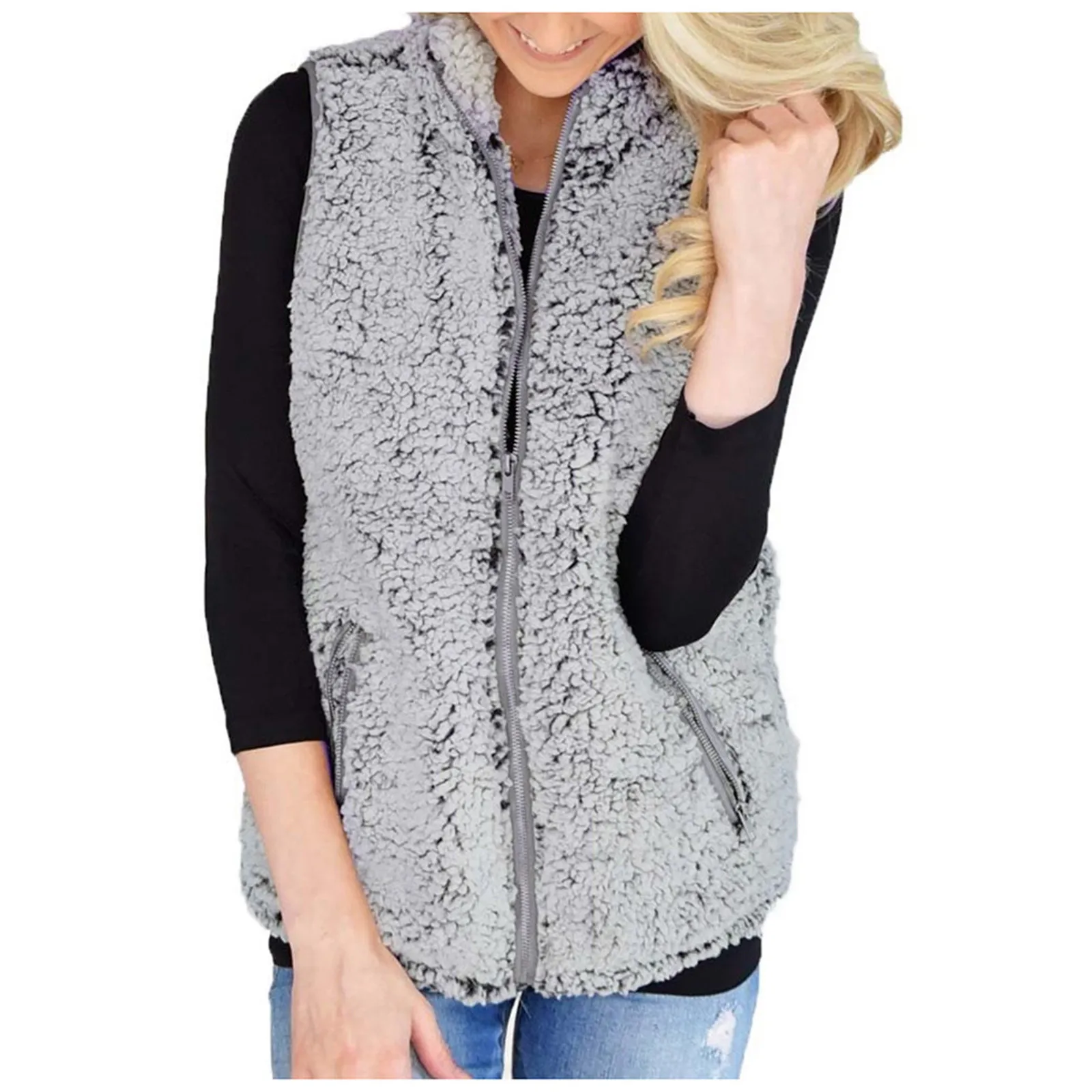 

2021 Winter Waistcoat For Women Plush Chalecos Mujer Faux Fur Solid Casual Sleeveless Warm Zipper Vest Jacket Warm Cashmere #T2G