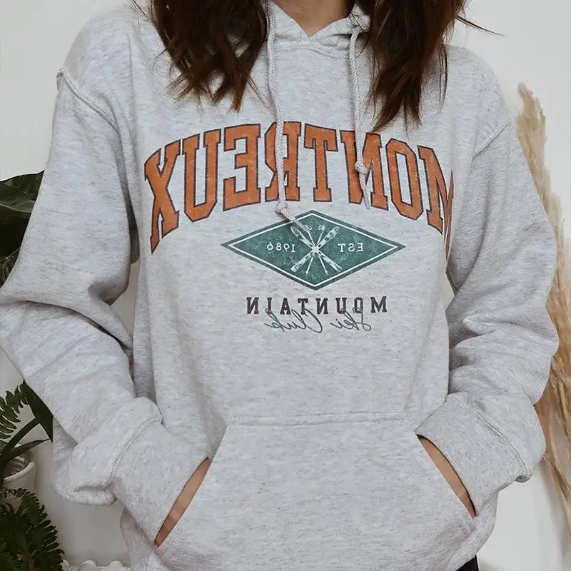 

Gray Hoodies Women Letter Printing Sweatshirt Long Sleeve Loose Casual Pullover Fashion Streetwear 2021 Autumn New England Style