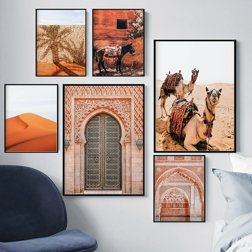 

Camel Morocco Building Wall Art Canvas Painting Desert Scenery Nordic Poster Wall Pictures For Living Room Home Decor Unframed