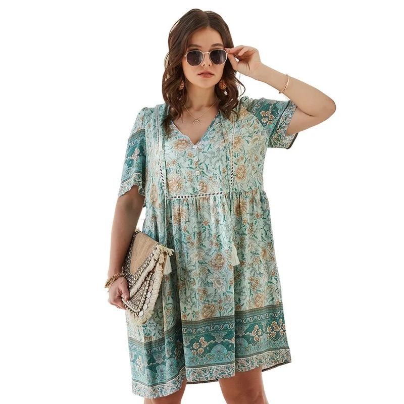 

Summer new style 2021 plus size women's V-neck button dress ladies plus size 4xl printing loose short sleeves thin A-line skirt