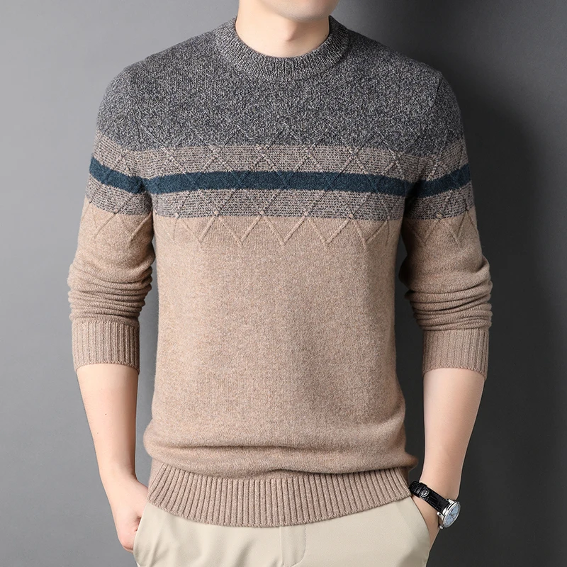 

Новинка 2021, мужские топы из 100% шерсти, джемпер Cashmnere в полоску на осень и зиму, Мужская трикотажная одежда из чистой шерсти с длинным рукавом, пуловер с круглым вырезом, свитер