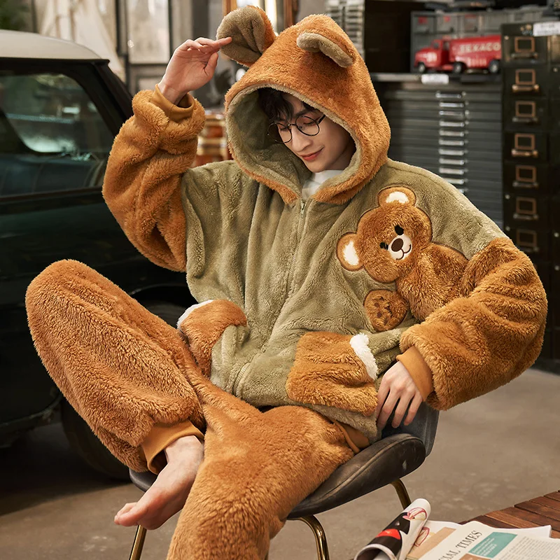 

Cartoon Mens Winter Warm Coral Fleece Nightgown Sleepwear Cute Cartoon Pyjama Homewear Very Soft Pajamas Bathrobe Men