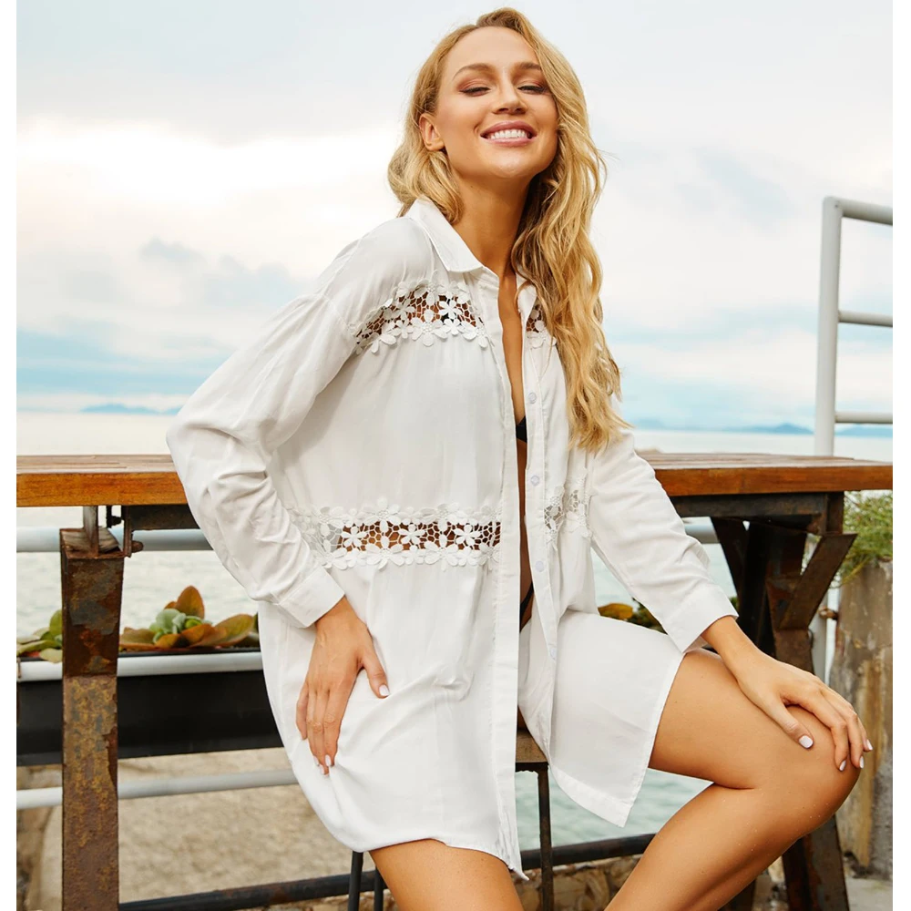 

Cotton Beach Cover Up White Lace Shirt Cardigan 2022 Sexy Bikinis Cover Up Women Flower Hollow Out Beach Dress Summer Beachwear