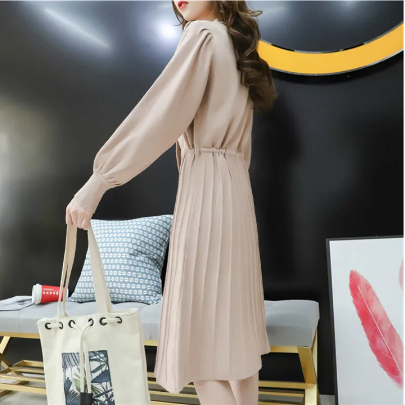 

Knit Sweater Bowknot Puff Sleeves 2020 Autumn and Winter New Sweater Women's Mid-length Pleated Korean-style Pullover Dress