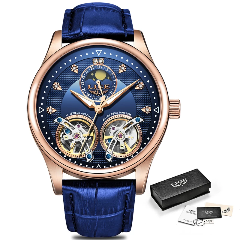

2020 LIGE New Men Watch Automatic Mechanical Watch Tourbillon High end watch Genuine Leather Waterproof Watch Relogio Masculino