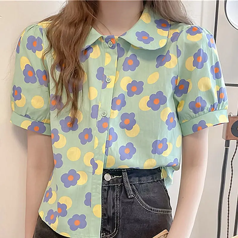 

MINGLIUSILI Harajuku Print Women Shirt Summer 2021 Fashion Vintage Shirt Short Sleeve Casual Elegant Plus Size Blouse Women