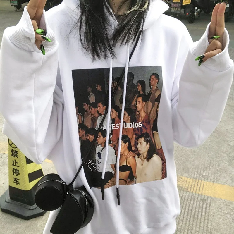 

2021 American High Street Retro Niche Trendy Brand Black Character Print Hooded Sweater Ladies Spring and Autumn Thin Loose Top