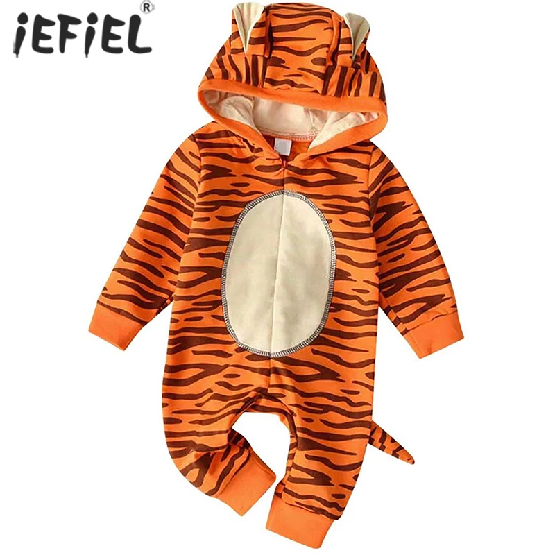 

Newborn Baby Boys Girls Lovely 3D Cartoon Animal Tiger Jumpsuit Leopard Hoodie Zipper Romper One Pieces Playsuit with Tail