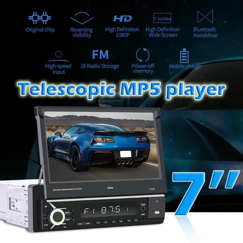 SWM T-110 Bluetooth Car Stereo MP5 Player 7 inch Retractable Screen AUX USB Radio Receiver In Dash Head Unit | Автомобили и