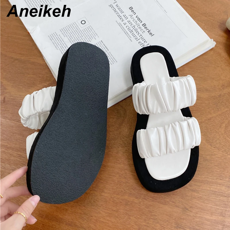 

Aneikeh 2021 New PU Flat Slippers Casual Summer Zapatos De Mujer Fashion Leisure Pleated Head Peep Toe Women's Shoes Size 35-39