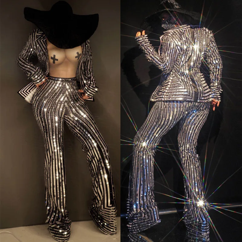 Fashion Women Silver Black Sequins Striped Suit 2 Pieces Set Nightclub Bar Concert Singer Dancer Stage Outfit Sexy Show Costume