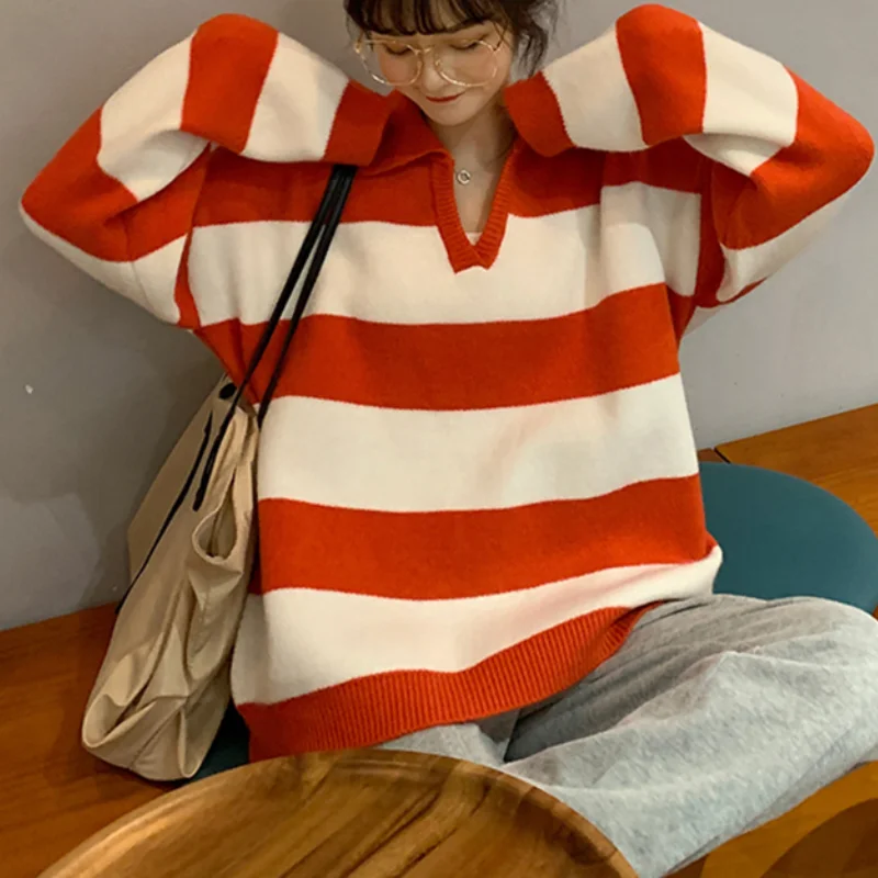 

Lapel Striped Sweater Autumn Korean Version 2021 New Design Sense Lazy Style Salt Long-sleeved Knitted Top Women's Clothing