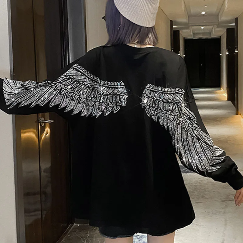 2022 Spring and Autumn Wings Women's T-shirt Women's Long Sleeve New Loose Heavy Industry Hot Drill Top Woman Tshirts