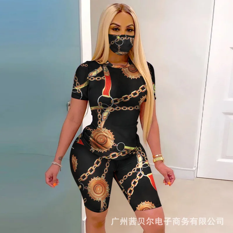 

2021 new tie-dye round neck casual fashion home sports shorts suit (including mask