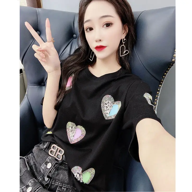 

European new spring and summer 2021 joker cotton T-shirt brim minus age female love hot drill nail bead jacket with short sleeve