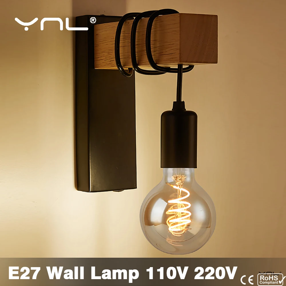 

Ретро деревянная настенная лампа E27 220V 110V Промышленный ночной Светильник Лофт светильники прикроватная лампа для гостиной Декор для ванной...