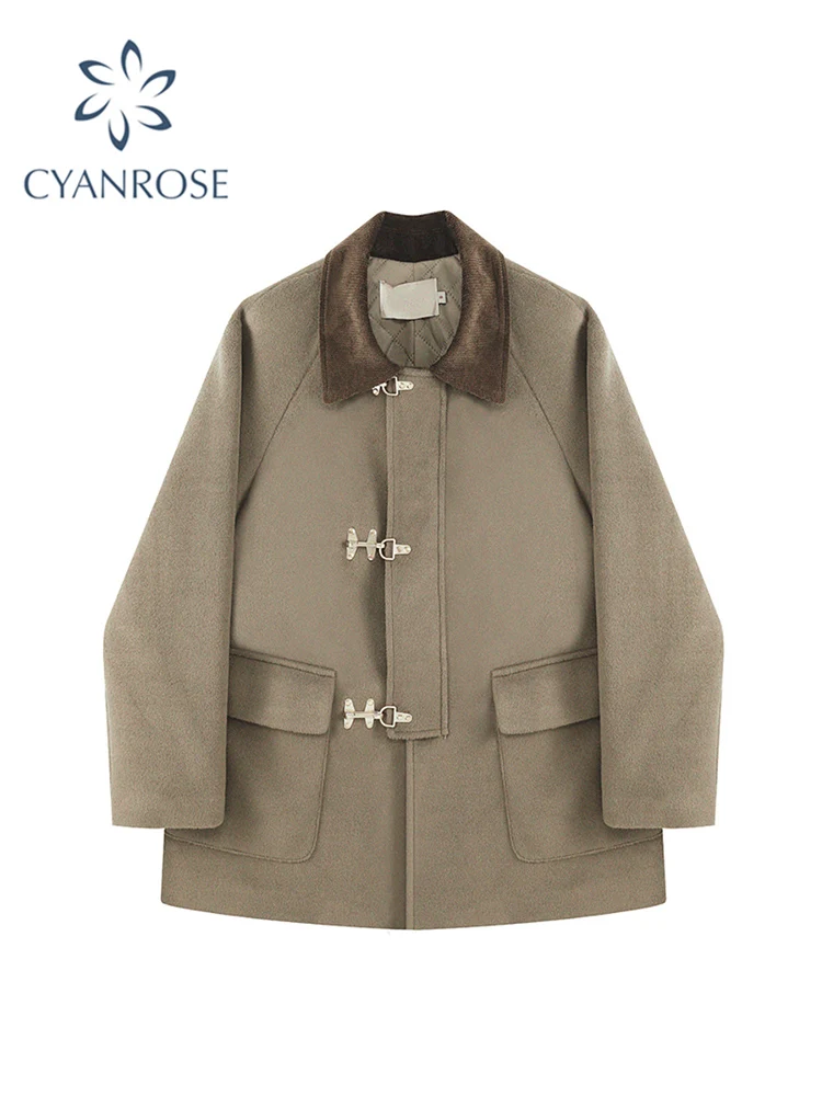 

Женское шерстяное пальто в винтажном Корейском стиле, модное зимнее теплое однобортное пальто с отложным воротником, повседневное Свободн...