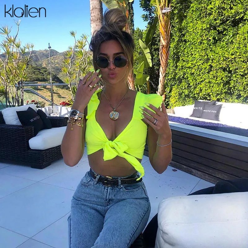 Klanien женская модная летняя Сексуальная футболка с бабочкой на шнуровке коротким