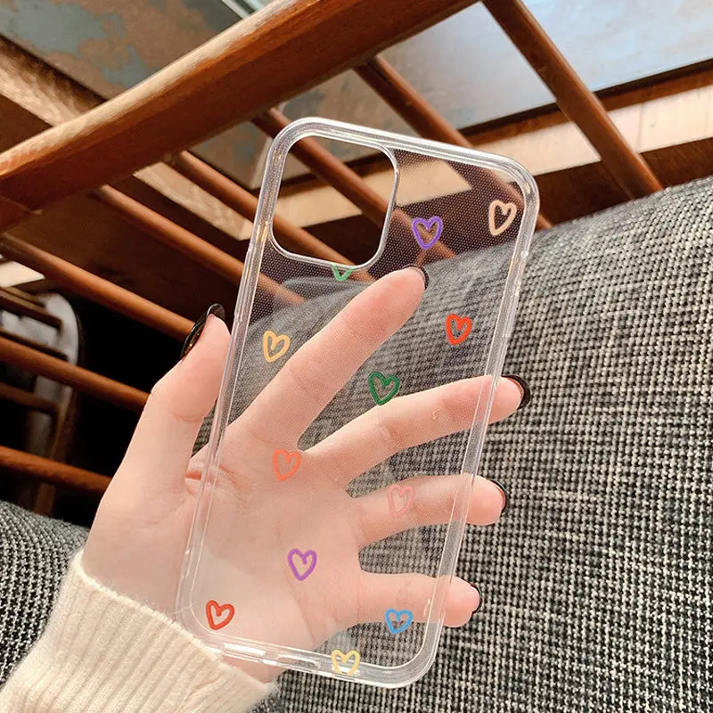 transparent cute love heart soft phone case for iphone 11 12 mini pro max candy color clear for iphone 7 8 plus x xs xr se 2020 free global shipping