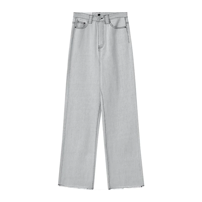 

TVVOVVIN Korean Spring New Women Casual All-match Jeans Simple Vintage High Waist Rough Edges Straight Trousers UFGI