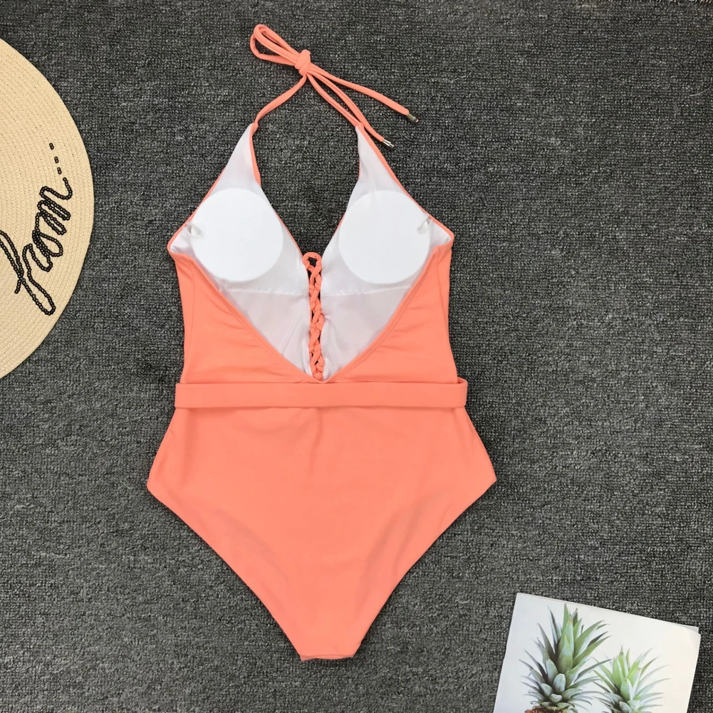 

Women Sexy Solid Color Belt Buckle Chest Bandage Deep Plunge Monokini Swimsuit Solid Color Belt Buckle Chest Bandage