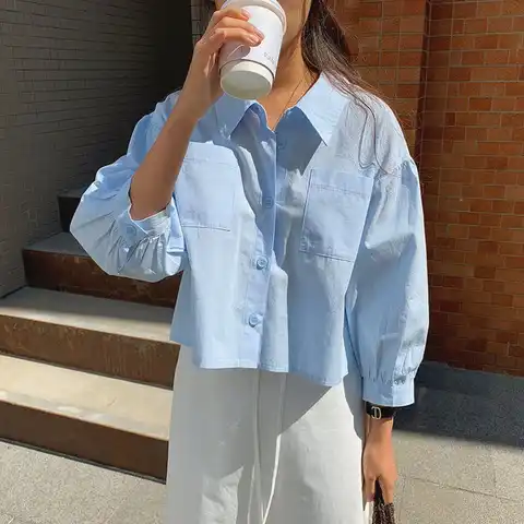 Women Blouse Korean Style Chic Single Breasted Turn Down Collar Loose Solid Color Ladies Tops Femme Casual Blusas Mujer De Moda