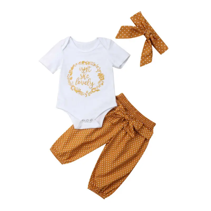 

Newborn Baby Girls Summer Clothes Romper Top + Dot Pants + Headband Outfits Set