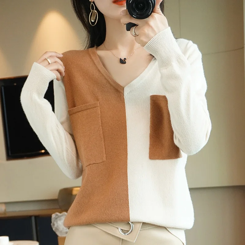

Autumn and winter new fashion knitted wool sweater women's color matching V-neck pullover long-sleeved jacket cashmere sweater