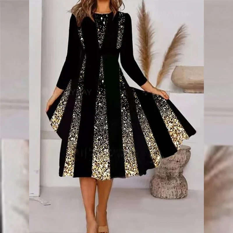 

Women Elegant Long Sleeve Pleated Dress Spring Autumn Vintage Striped Print Party Dress Fashion Casual Office Lady A-Line Dress